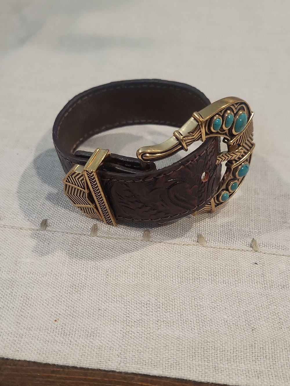 Barse Tooled Brown Leather Bracelet with Turquoise Accents